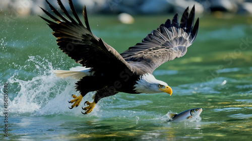Majestic bald eagle hunting salmon in an Alaskan river