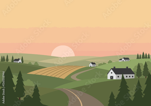 Rural Landscape with Farmhouses Fields and Evergreen Trees at Sunset.