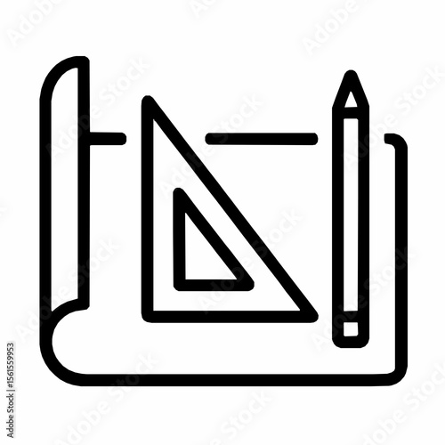 Architectural blueprint drawing tools icon depicting pencil triangle ruler and rolled paper