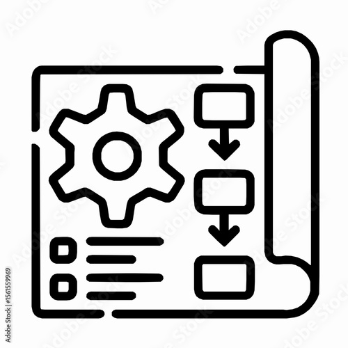 Blueprint illustration depicting process workflow, technical solutions, and gear icon