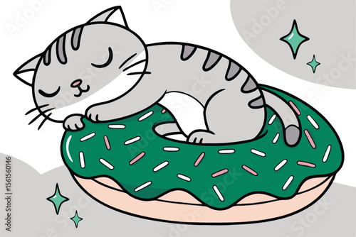 Cute cat napping peacefully on a giant colorful donut with a sweet theme
