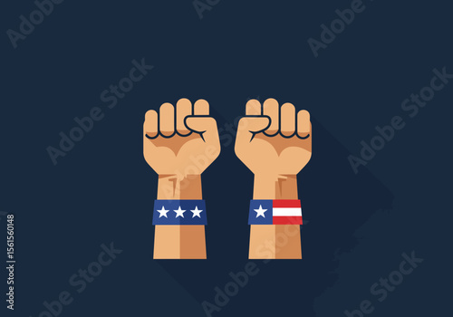 Two Fists Raised with American Flag Wristbands Patriotic Symbolism Vector Illustration.