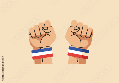 Two Fists Raised with French Flag Wristbands Vector Illustration.
