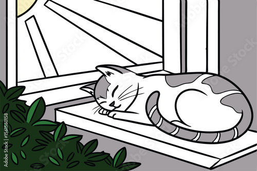 Cozy cat relaxing on a sunlit windowsill with soft shading