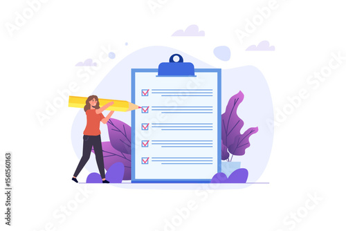 Businesswoman checklist concept. Checking business task success. Vector illustration