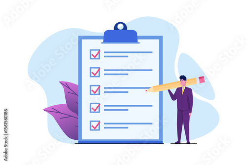Businessman checklist concept. Checking business  task success, questionnaire checkbox. Vector illustration.