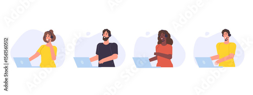 Call center avatar set. Customer service, hotline concept. Office workers with headsets, telemarketing agents. Vector illustration
