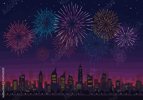 Vibrant Fireworks Display Over City Skyline at Night Celebration Illustration.