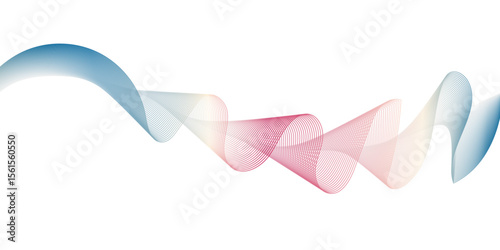 Create an elegant, abstract wave design featuring smooth, translucent ribbon-like curves flowing across a white background. Use soft gradients of pastel blue, red,and beige to create a sense of motion