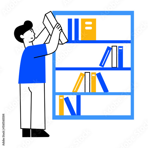 Flat style illustration showing user arranging books on shelf
