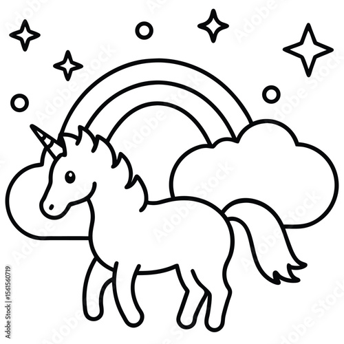 Charming line art illustration of a happy unicorn with vibrant colors