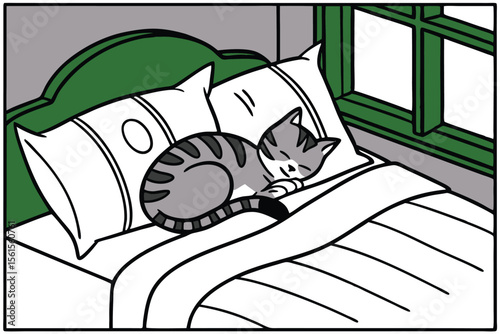 Cute domestic cat resting comfortably on a soft bed with fluffy pillows