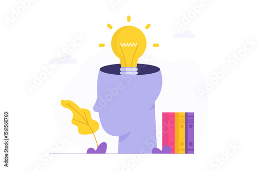 Idea in head concept. Think outside the box, light bulb inside a head, representing ideas, brainstorming, and creative dreaming. New ideas, solutions, and creativity. Flat vector illustration.