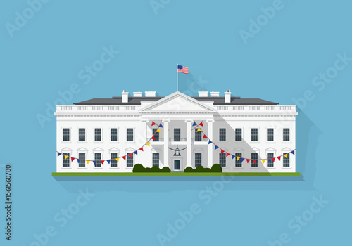 White House Vector Illustration with Festive Bunting and American Flag.