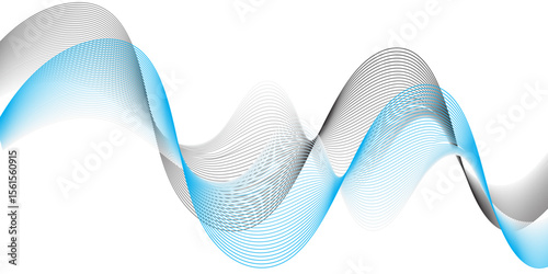 "Dynamic, overlapping waves of translucent blue and dark grey lines flow horizontally across a pristine white background, creating an energetic and modern abstract composition with depth and motion."