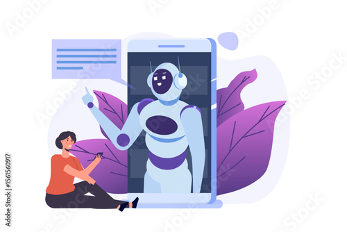 Chatbot concept. Man talking to robot. Customer support service artificial intelligence dialog .