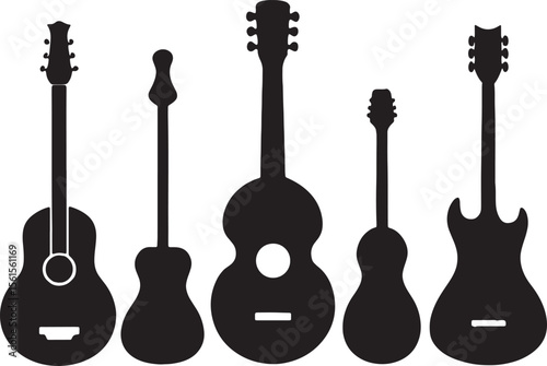 Collection of five black silhouette guitar icons on a white background	