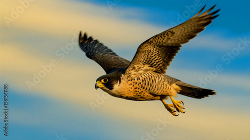 Peregrine falcon soars gracefully through the sky with wings spread