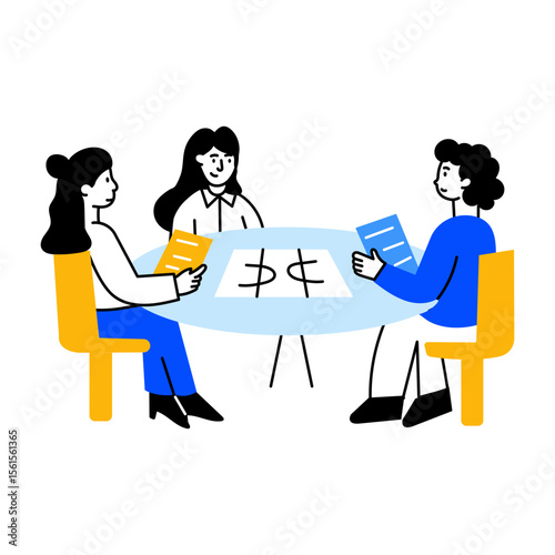 Flat style illustration showing team having a group discussion
