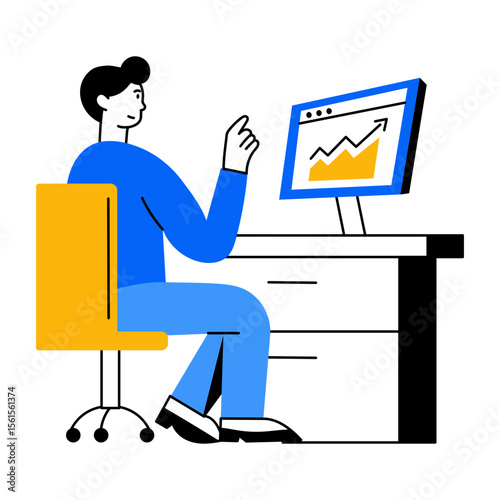 Flat style illustration showing user using computer with focus
