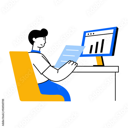 A flat style illustration showing character doing data analysis
