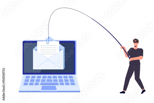 Data phishing, hacking online scam on computer laptop concept. Hacker attack and web security concept. Fishing by email, envelope and fishing hook. Cyber thief. Vector illustration.