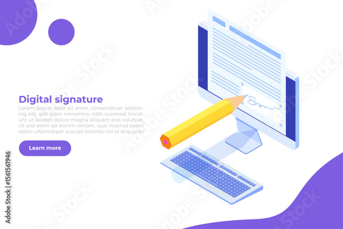 Digital signature isometric, Electronic Smart contract. Vector illustration