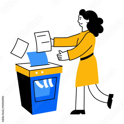 Flat style illustration showing a character using paper shredder
