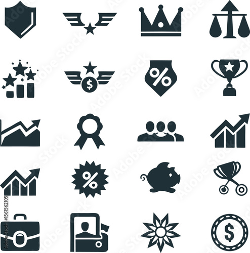 Collection of Business and Finance Icons Depicting Success, Growth, Protection, and Teamwork in a Monochrome Style