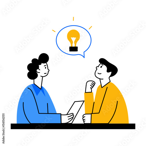 Flat style illustration showing teammates sharing idea together
