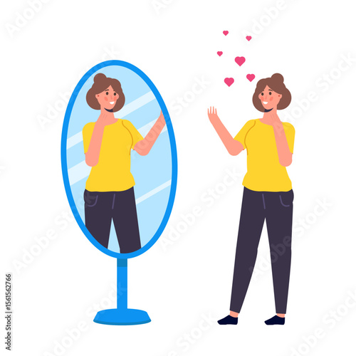 A woman standing in front of a mirror, gazing at his own reflection, embodies the idea of self-love. The concept of egotism is mirrored in this vector illustration
