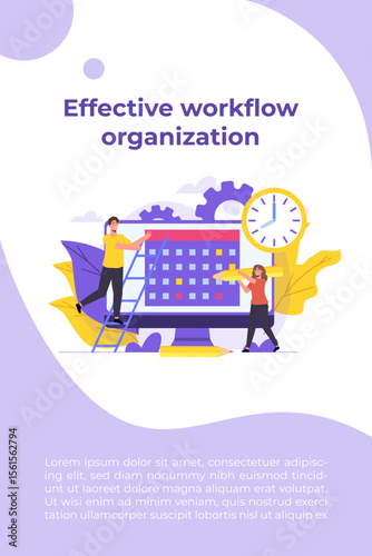 Effective workflow organization, teamwork process, deadlines respect, efficient workday concept. Vector illustration.