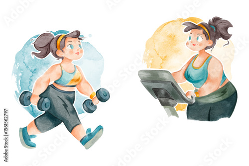 Vector watercolour illustration of plus size sporty girls. Woman in the gym doing sport