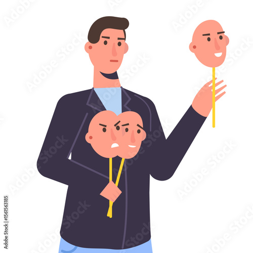 Fake emotion, play a role concept. Character holds masks with different emotions. Vector illustration, flat style