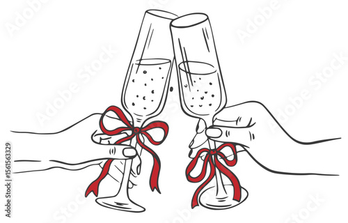 Hand drawn chalk cheers. Hands with champagne glass drawings for wedding invitations, menus and parties. Drink with ribbon and bow in crayon and sketch. La dolce vita italian style