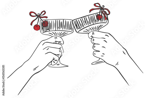 Hand drawn chalk cheers. Cheers or drinking couple toast drawing. Hands with cocktail glass and cherry drawings for wedding invitations, menus and parties.  Clipart vintage ink doodle sketch style