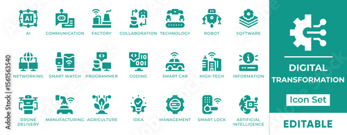 Digital Transformation Icon Set. Features icons of innovation, cloud computing, automation, AI, and analytics. Perfect for tech upgrades, business change, and IT systems.