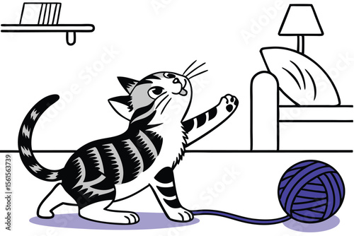 Playful kitten tangled in a ball of yarn cute domestic pet illustration