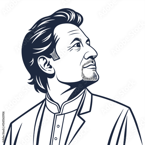 Illustration of a man in a suit looking upwards with a beard and well groomed hair in black and white