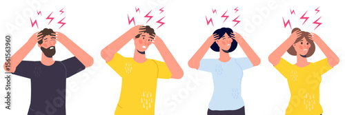 Headache attack, compassion fatigue. Head pain vector illustration.