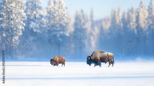 Buffalo in snowy forest, Elk Island National Park