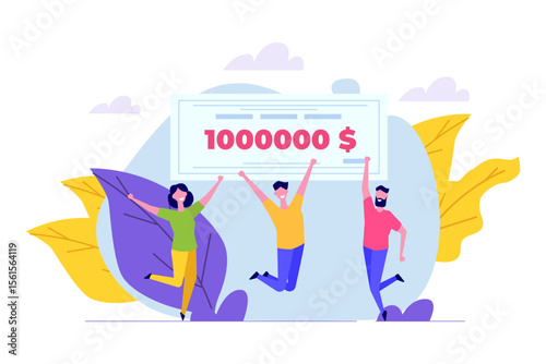 Character holding money prize, bank check for a million dollars. Winning lottery ticket. Vector illustration in flat design.