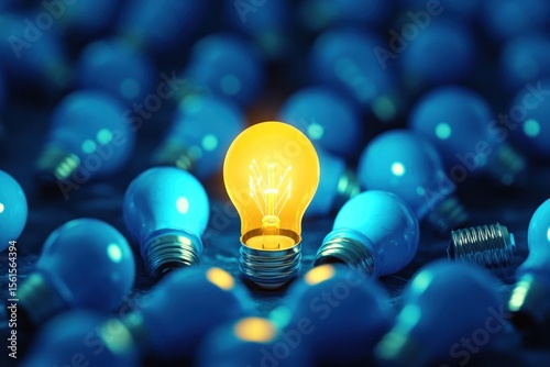 standout idea symbolized by yellow light bulb rising among blue ones in creative render