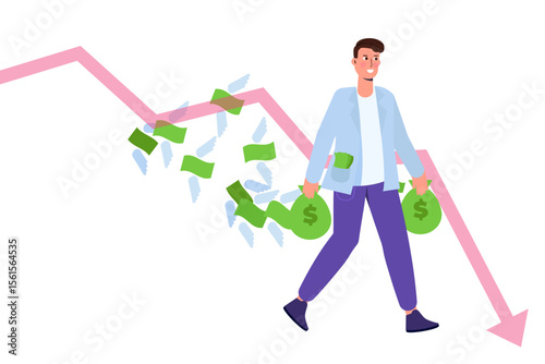 Losse money concept, coronavirus pandemic global impact. World financial crisis. Vector illustration.
