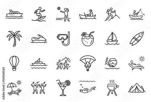 Vector icon set of summer activities and water sports in line art style including swimming, surfing, fishing, diving  