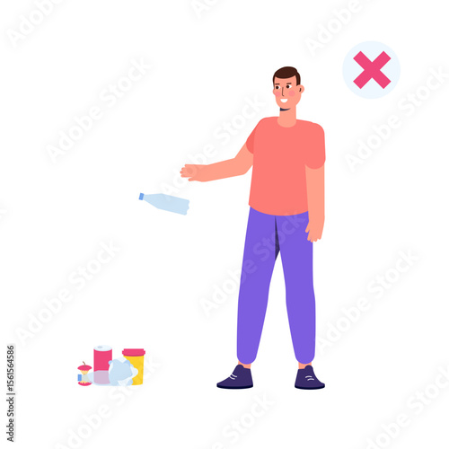 Littering behavior, wrong examples of throwing out garbage. Vector illustration.