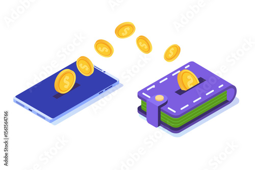 Money transfer from smartphone to wallet.  Isometric vector illustration.