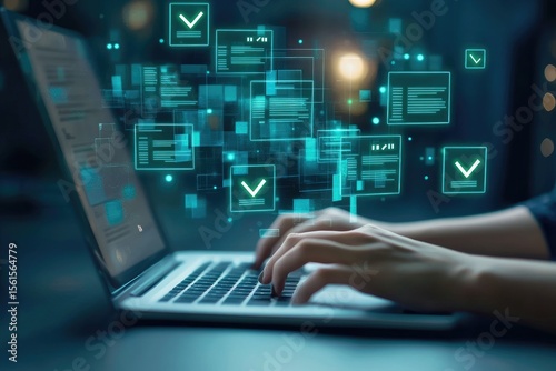 Person working on a laptop with digital checkmarks and code elements overlaid
