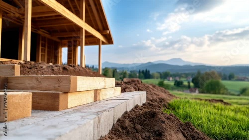 Construction progress on a wooden home with mountains in the background and a clear sky