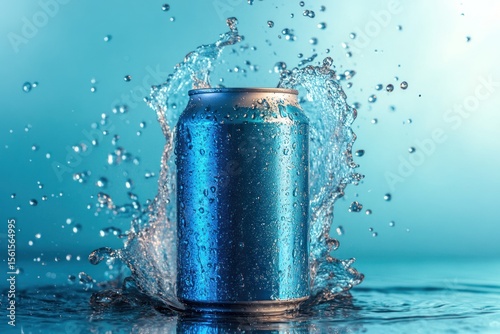 splashy water effect on aluminum pop can mockup, fizzy drink style, blue gradient backdrop